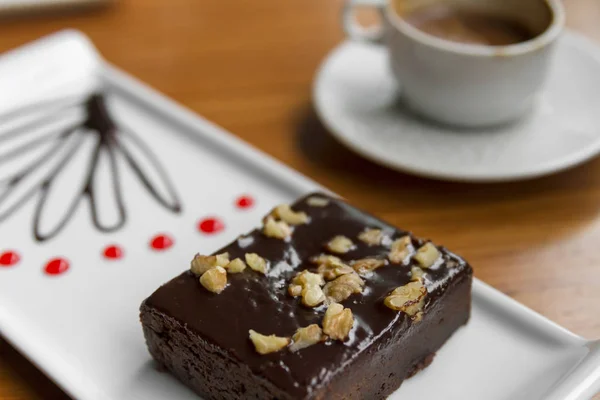 Vedere Aproape Tort Ciocolată Dulce Ceașcă Cafea — Fotografie, imagine de stoc