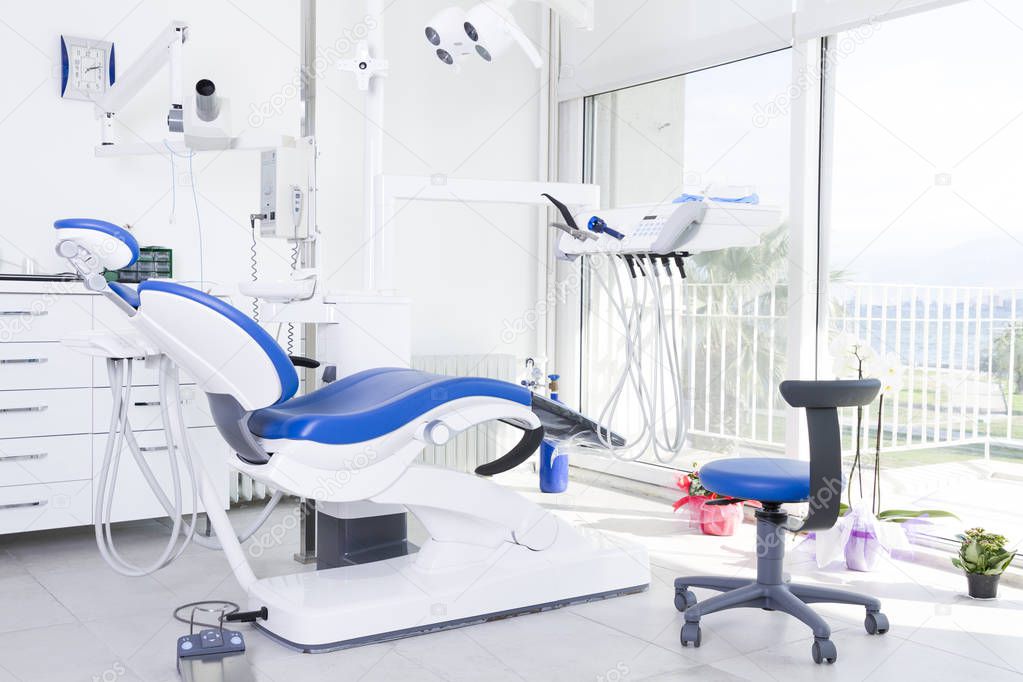 close up view of empty dentist office with sterile equipment