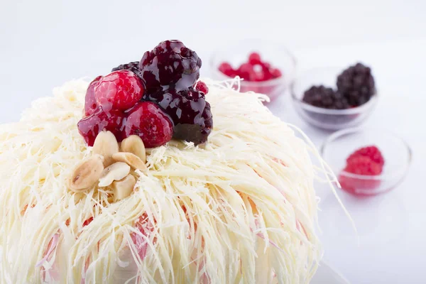 close up view of festive delicious cake on white background