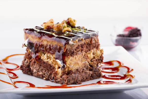 close up view of festive delicious cake on white background