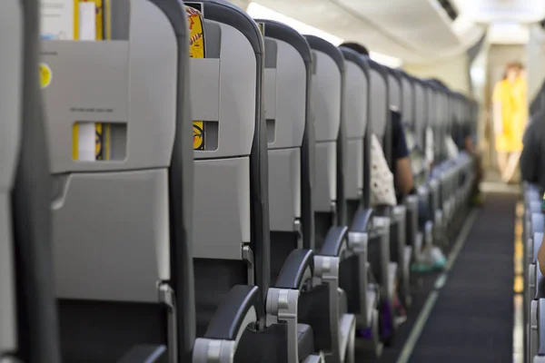 Interior Airplane Passengers Seats Stewardess Uniform Plane Ready Land — Stock Photo, Image