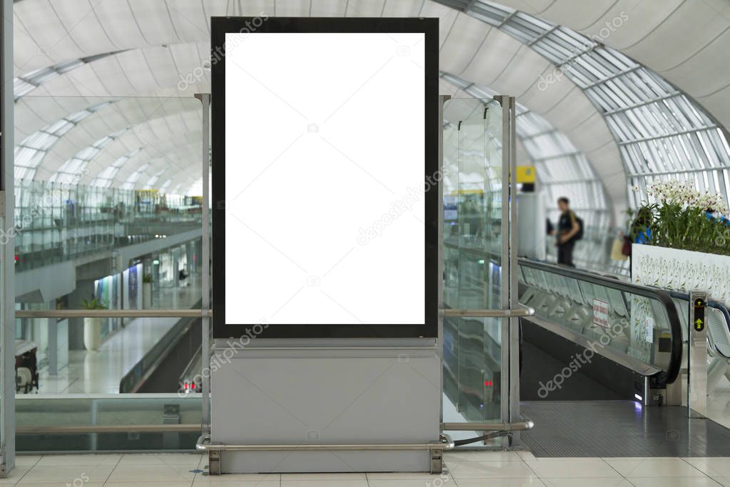 Blank mock up of horizontal street poster billboard on Airport Background with plane passengers.