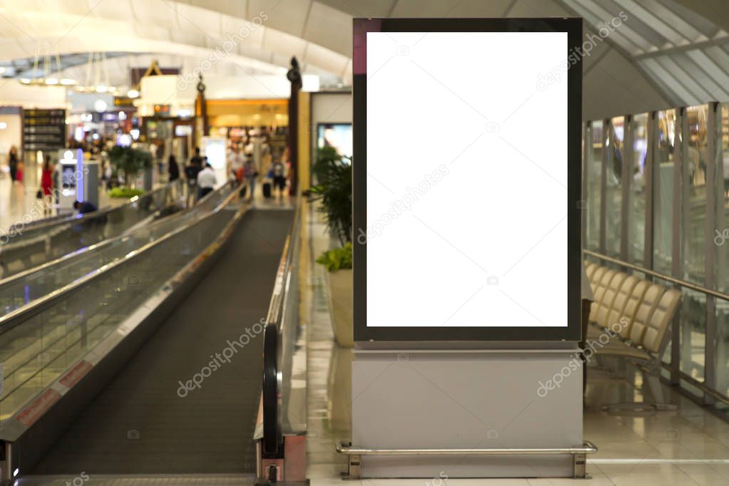 Blank mock up of horizontal street poster billboard on Airport Background with plane passengers.