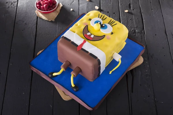 Delicious Spongebob Squarepants Festive Cake Wooden Table — Stock Photo, Image