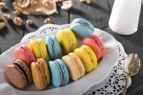 Close View Sweet Colorful Macaroons Cookies Milk Glass Jug Wooden — Stock Photo, Image