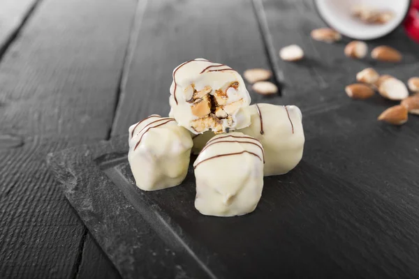 Close View Tasty Sweet Dessert Almonds Wooden Table Close Gourmet — Stock Photo, Image