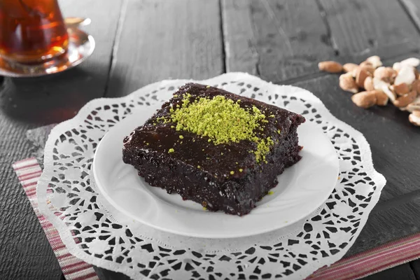 Närbild Läcker Söt Choklad Dessert Träbord — Stockfoto