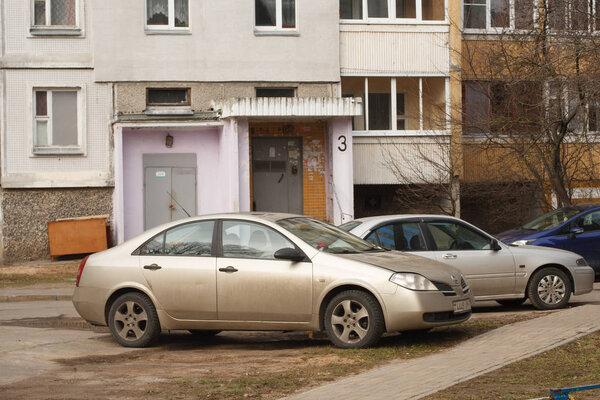Minsk, Belarus -  March 13, 2019: Parking violation on walkways, lawns, crosswalks, no parking signs, public transportation stops.