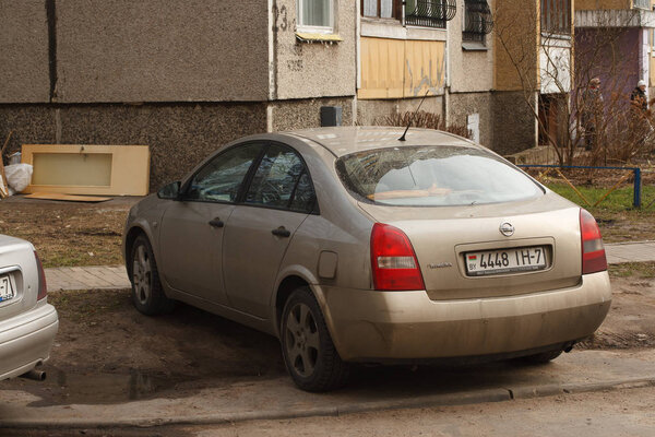 Minsk, Belarus -  March 13, 2019: Parking violation on walkways, lawns, crosswalks, no parking signs, public transportation stops.