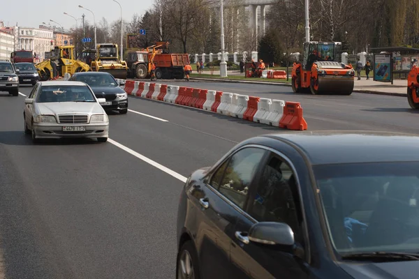 Minsk Bielorrusia Abril 2019 Trabajo Carretera Construcción Mantenimiento Carreteras Trabajos — Foto de Stock