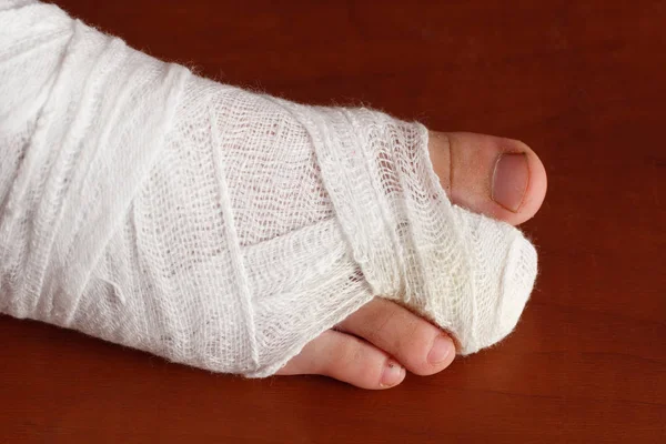 Toe Bandage Young Boy Hurt His Foot Door Home — Stock Photo, Image