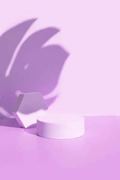 Pastelové fialové pódium s šestiúhelníkem a monstera stínem — Stock fotografie