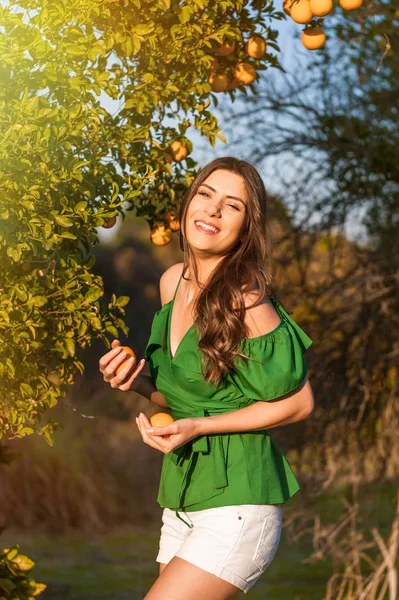 若く美しい女性 サンセット オレンジ果樹園の屋外でカメラを見て 笑みを浮かべて オレンジ色の果物を保持しています 健康的なライフ スタイルのコンセプトは 肌や髪のケアの概念 — ストック写真
