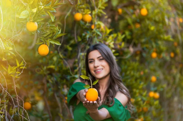 Vacker Ung Kvinna Utomhus Solnedgången Orange Fruktträdgård Tittar Kameran Och — Stockfoto