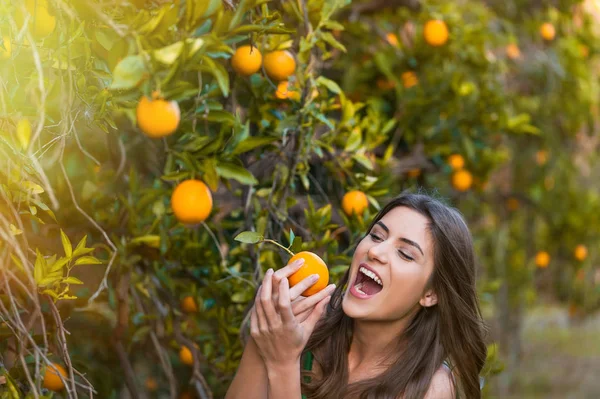 Vrolijk Meisje Buiten Bij Zonsondergang Een Oranje Boomgaard Glimlachend Sinaasappels — Stockfoto