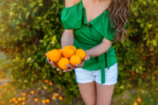 Gelukkig Jonge Vrouw Buiten Bij Zonsondergang Een Oranje Boomgaard Houden — Stockfoto