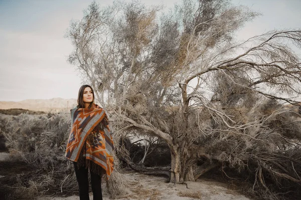 Hipster traveler girl in gypsy look in desert nature.  Artistic photo of young hipster traveler girl in gypsy look, in Coachella Valley in a desert valley in Southern California.