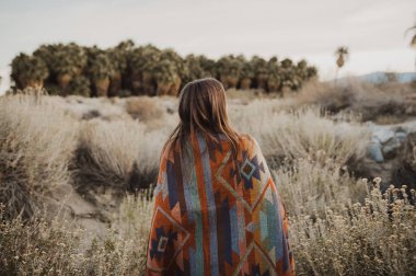 Çingene bakmak çöl doğada rüzgarlı saçlı hipster seyahat kız arka tarafında. Sanatsal fotoğraf genç hipster seyahat kızın çingene bak, Güney Kaliforniya'nın ıssız bir vadide Coachella Valley.