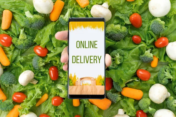 Online order, home delivery of food, groceries from grocery store through mobile application on smart phone. Vegetables, lettuce, carrots, cherry tomatoes, mushrooms. Vegetarian, organic,healthy food.