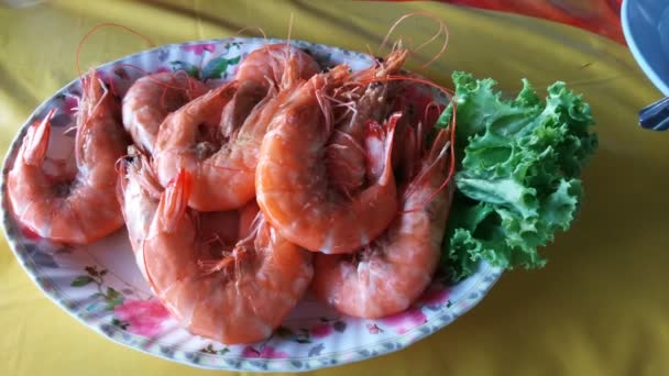 Cuisine Food Cooked Shrimps White Plate — Stock Video