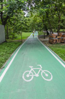 Taze yeşil bisiklet yolu parkta.