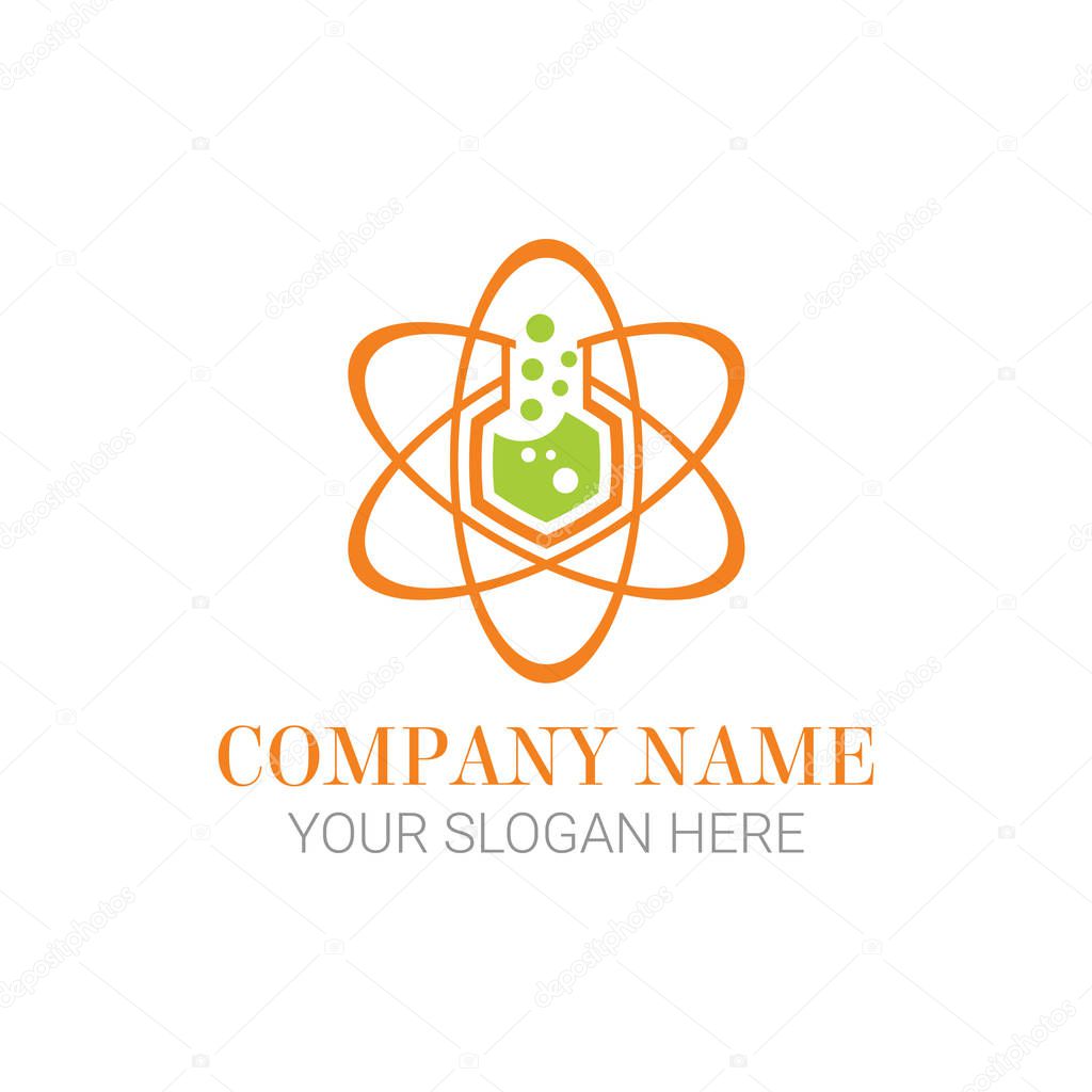 Science chemical laboratory in orange and green color with glass bubble and star knowledge vector logo