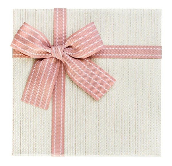 Бежевая Коробка Подарка Рождество Розовой Лентой Вид Сверху Изолированный Белом — стоковое фото