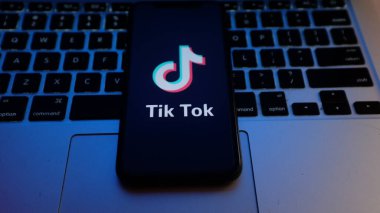 İnternette popüler bir sosyal ağ olan TIK TOK logosuna sahip akıllı telefon. ABD, Kanada, 27 Kasım 2020