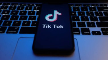 İnternette popüler bir sosyal ağ olan TIK TOK logosuna sahip akıllı telefon. ABD, Kanada, 27 Kasım 2020