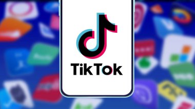 İnternette popüler bir sosyal ağ olan TIK TOK logosuna sahip akıllı telefon. ABD, Kanada, 27 Kasım 2020