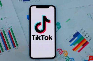 İnternette popüler bir sosyal ağ olan TIK TOK logosuna sahip akıllı telefon. ABD, Kanada, 27 Kasım 2020