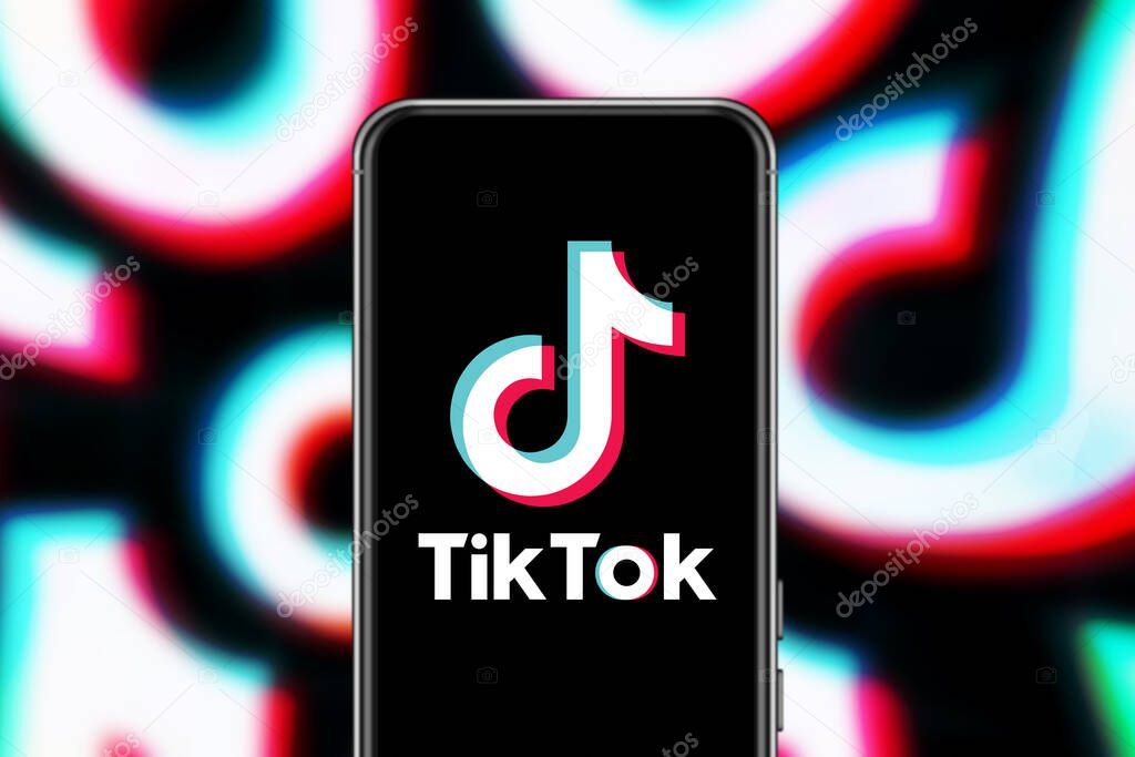 Smart phone with TIK TOK logo, which is a popular social network on the internet.United States, Canada, Wednesday, November 27, 2020