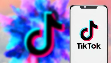 İnternette popüler bir sosyal ağ olan TIK TOK logosuna sahip akıllı telefon. ABD, 27 Kasım 2020 Çarşamba