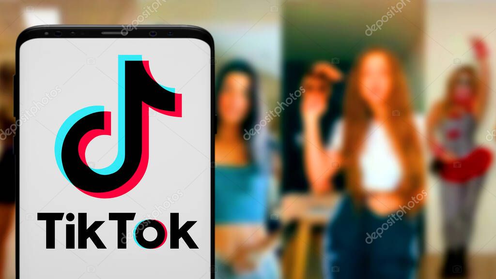 Smart phone with TIK TOK logo, which is a popular social network on the internet.United States, Wednesday, November 27, 2020
