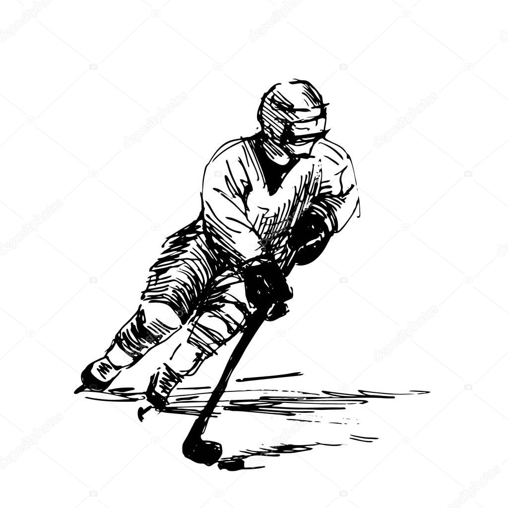 Hand sketch of a hockey player. Vector illustration