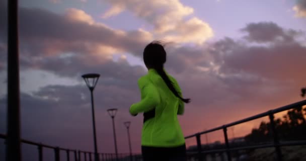 Vista trasera de una mujer en forma joven corriendo al atardecer — Vídeos de Stock