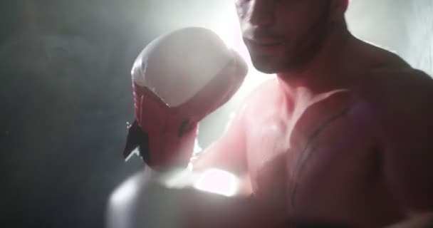 Ung man boxare träning hårt för boxningsringen — Stockvideo