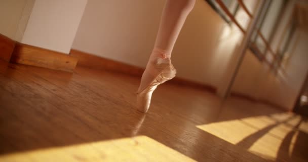 Молодой артист балета балансирует на пуантах в балетных насосах — стоковое видео