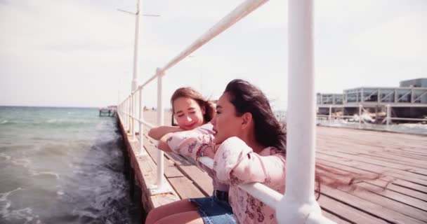 海の風を楽しむ桟橋に座っている女性親友 — ストック動画
