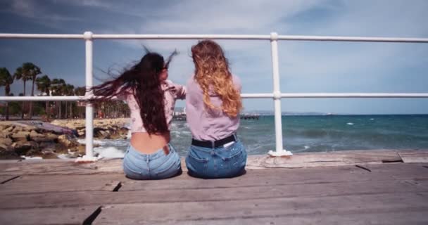 Feminino melhores amigos sentados no cais de madeira e abraçando — Vídeo de Stock