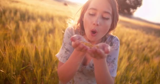 Młoda retro kobieta wieje brokat na złotym polu pszenicy — Wideo stockowe