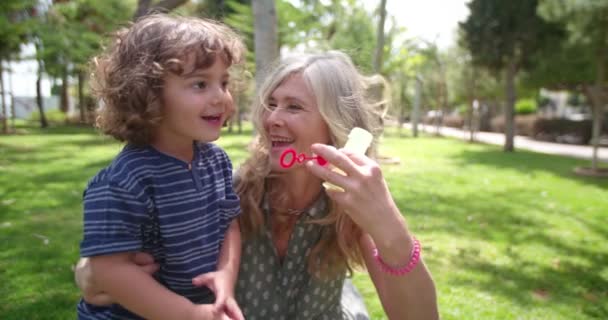 Lindo nieto jugando y soplando burbujas en el parque con la abuela — Vídeos de Stock