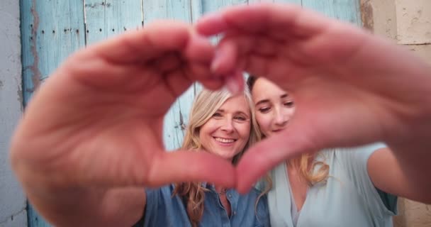 어머니와 딸 이손으로 심장 모양을 만드는 모습 — 비디오