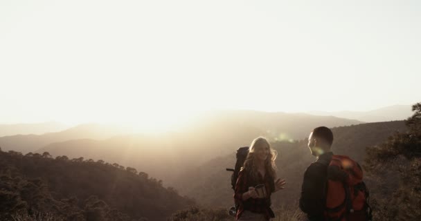 シニア女性ハイカー楽しみを持っています友人とともに山の上 — ストック動画