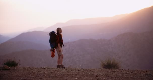 Senderista mujer de pie en el borde de la montaña mirando a la vista — Vídeos de Stock