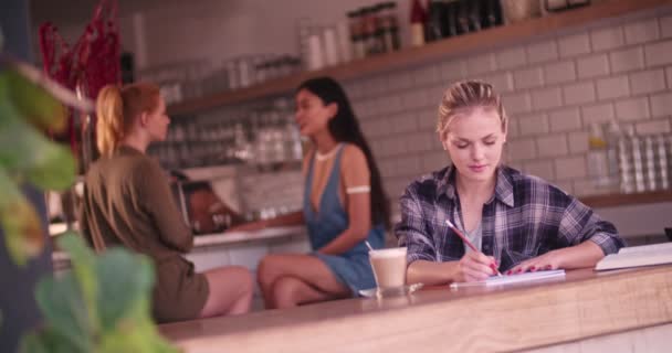 Perempuan muda hipster menggambar duduk sendirian di kafe kota — Stok Video