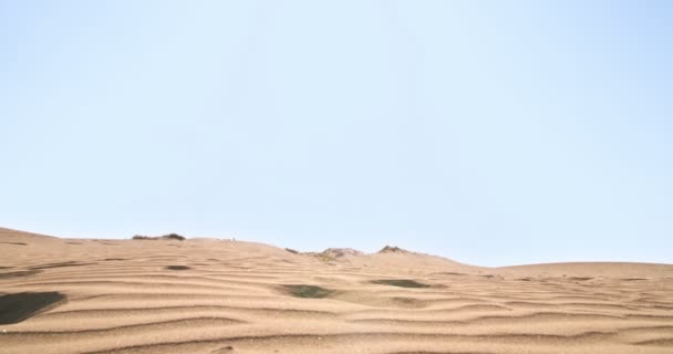 Молодий чоловік робить паркур стрибає через піщані дюни в пустелі — стокове відео