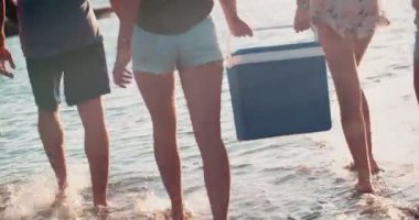 Genç çoklu etnik arkadaşlar plajda yürüyorlar.