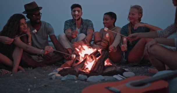 Молодые многонациональные друзья-хипстеры жарят зефир у костра на пляже — стоковое видео