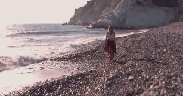 Вид с беспилотника на женщину, стоящую на пляже — стоковое видео